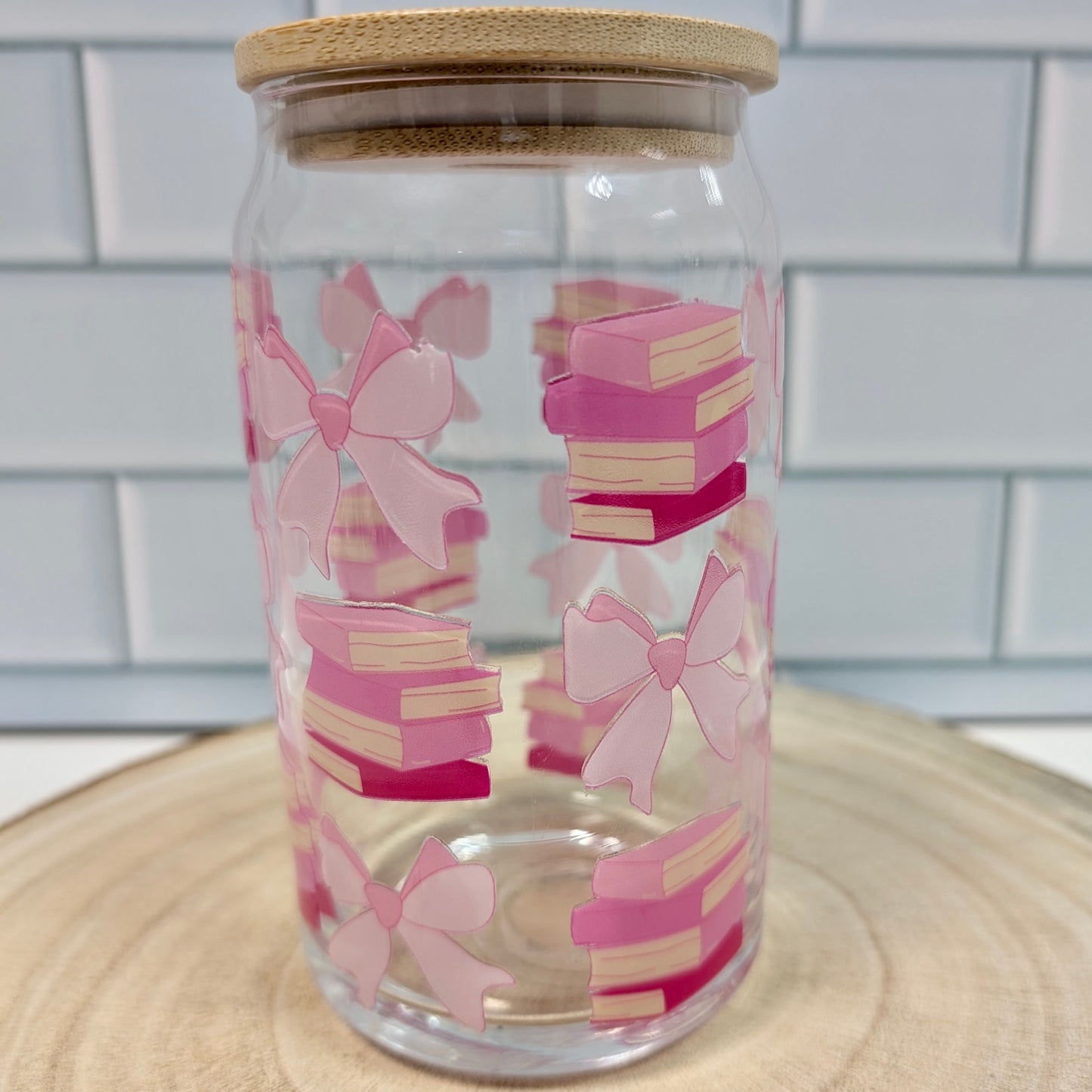 Books & Bows Glass Can, 16oz Glass Can