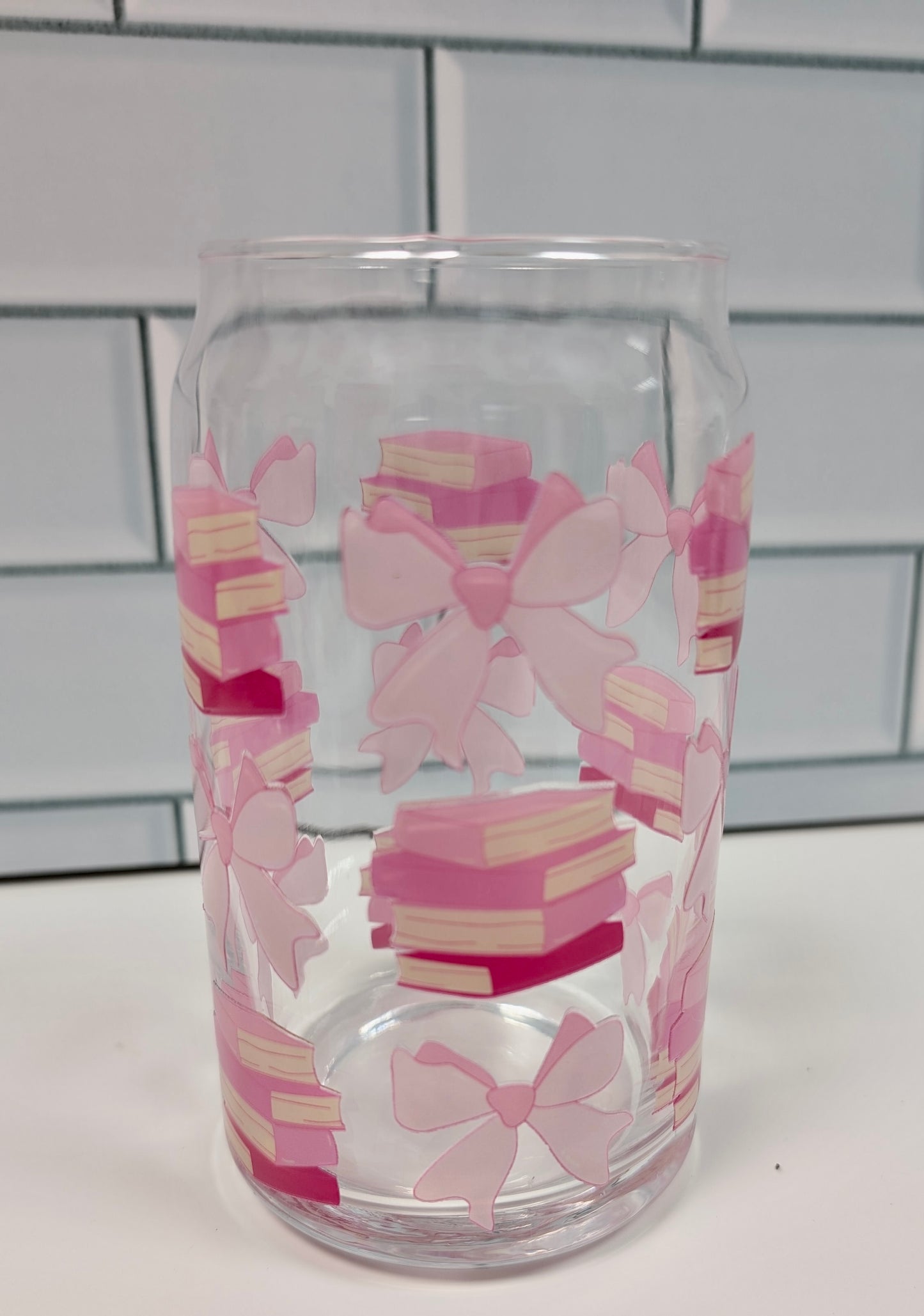 Books & Bows Glass Can, 16oz Glass Can