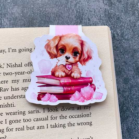 Puppy on Books Magnetic Bookmark, handmade pagemaker