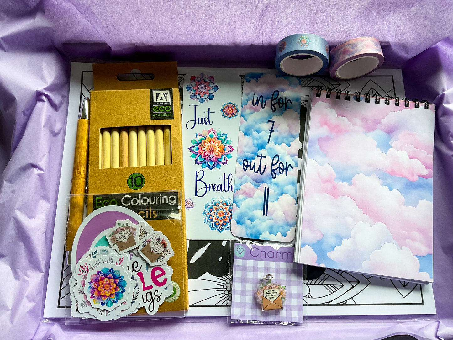 A Little Bundle of Calm stationery bundle with a jotter pad, colouring sheets, stickers and more