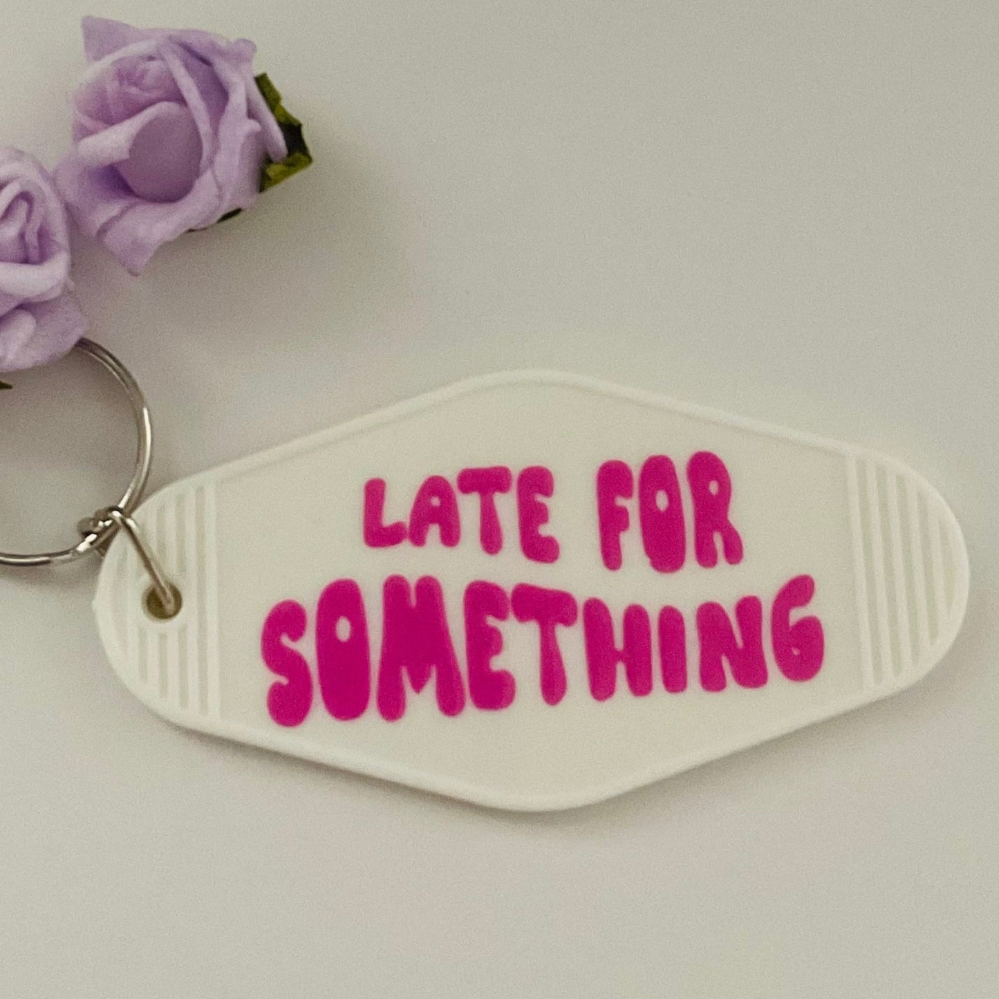 Late For Something Motel Keyring, retro keychain