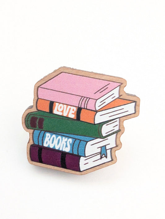 Love Books, Book Stack Wooden PIn