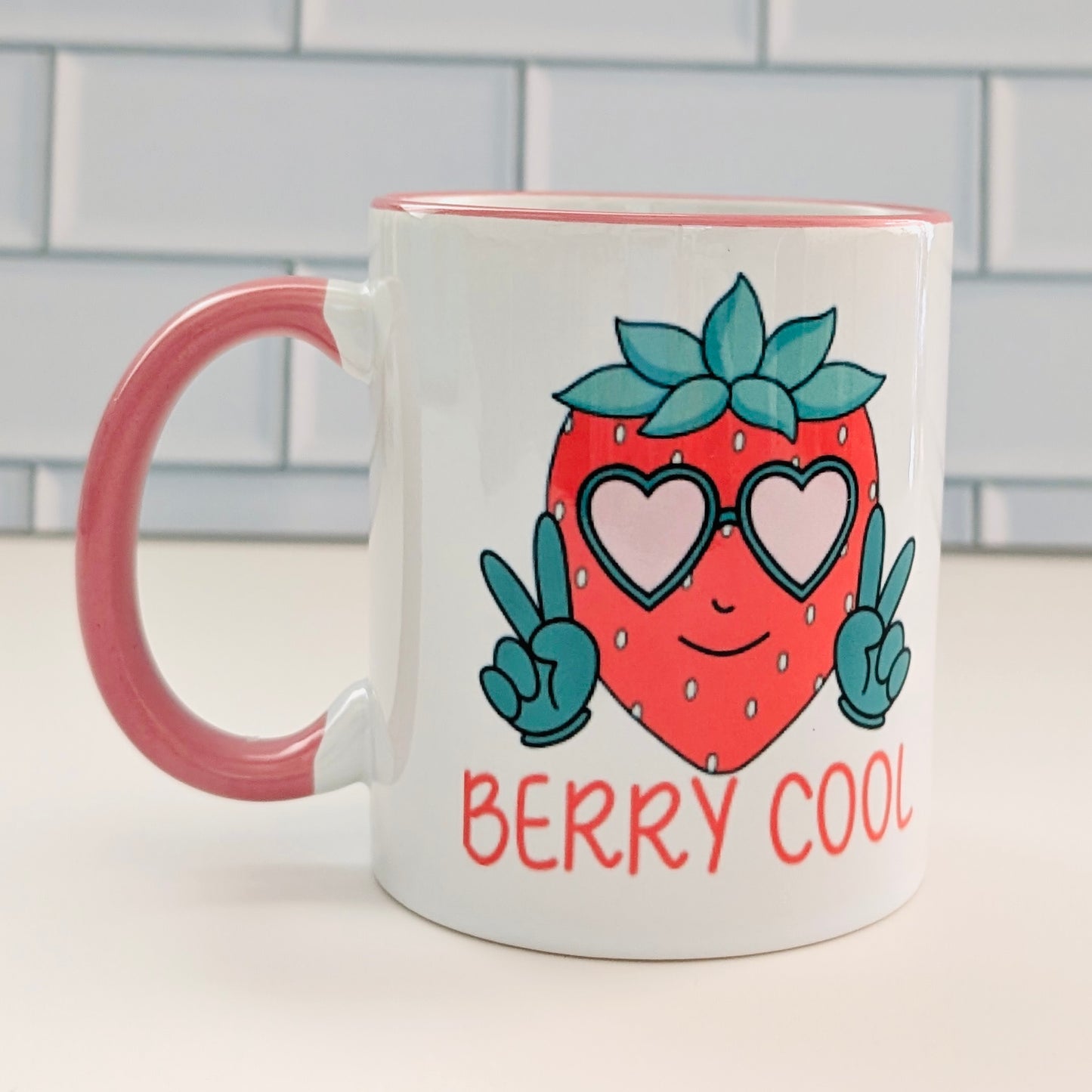 Berry Cool 11oz Ceramic Mug with pink handle and rim