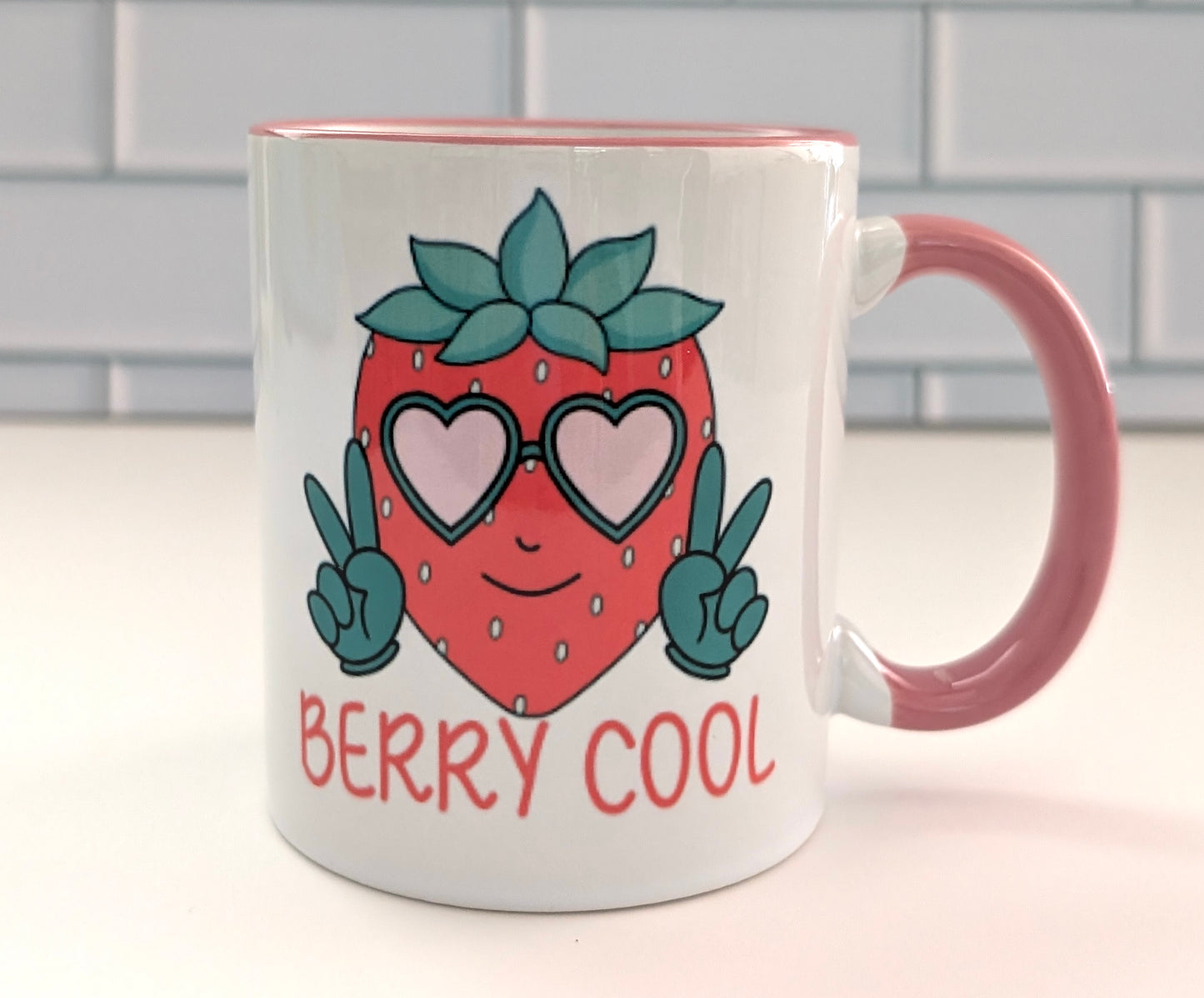 Berry Cool 11oz Ceramic Mug with pink handle and rim
