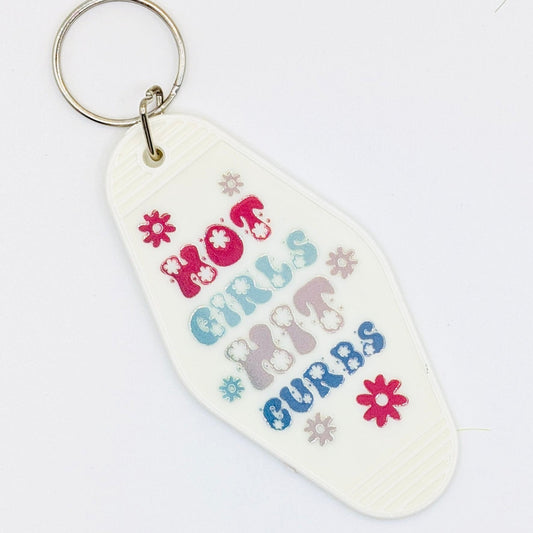 Hot Girls Hit Curbs Motel Keyring, retro keychain