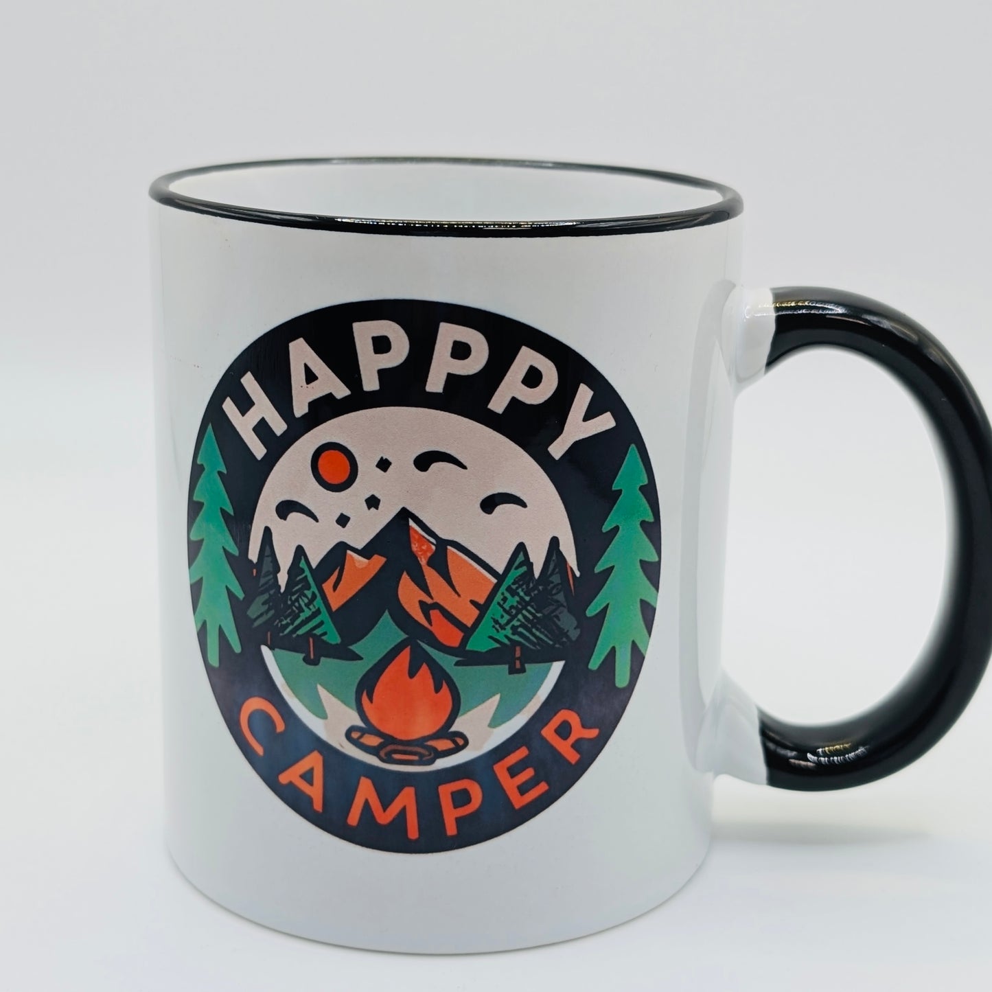 Happy Camper 11oz Ceramic Mug with black handle and rim