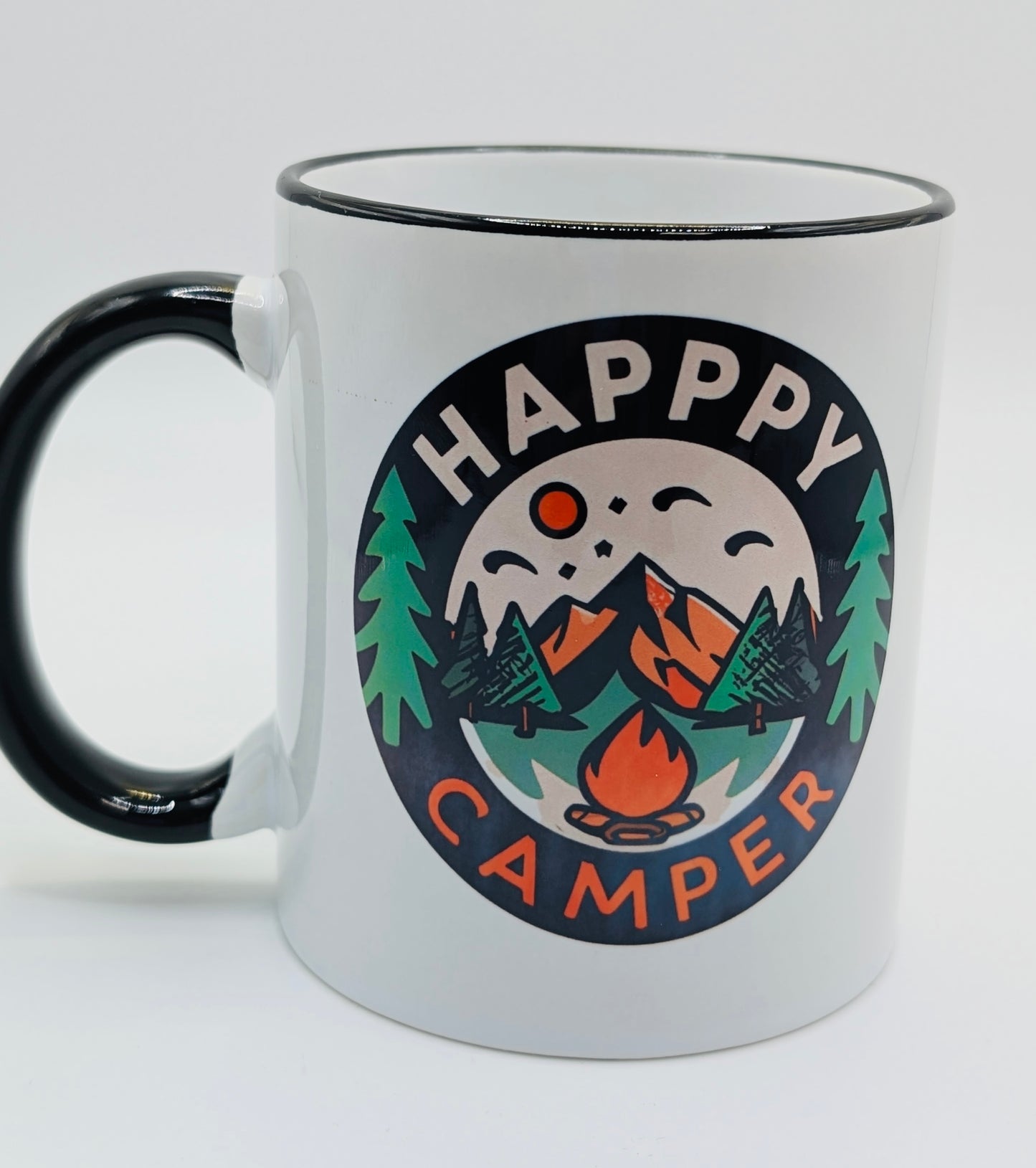 Happy Camper 11oz Ceramic Mug with black handle and rim