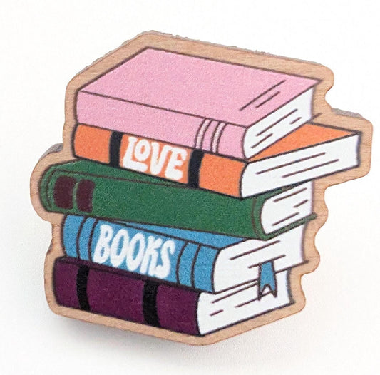 Book Stack Wooden Pin, 'Love Books' Decorative Statement Pin