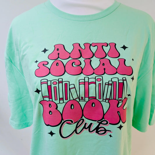 Anti Social Book Club T-Shirt, bright green colour, graphic cotton tee