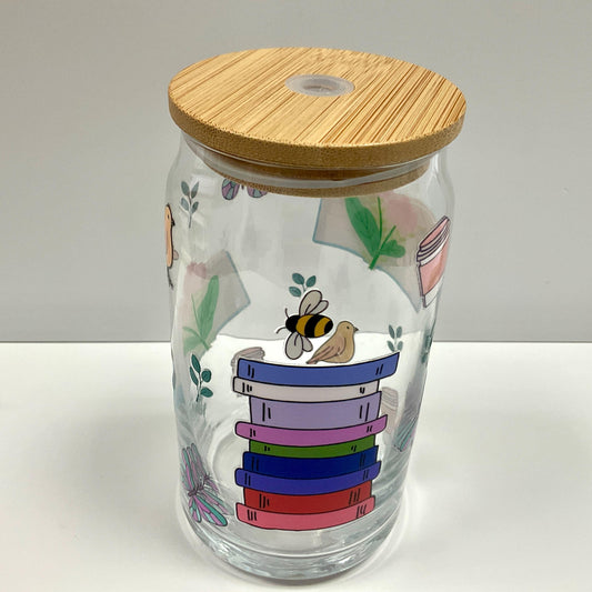Spring Reading Glass Can, Iced Coffee Cup, Bamboo Lid, 16oz